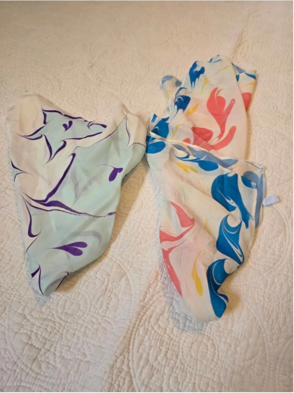 Set of two pure SILK Scarves White Blue Multi-color Styling Accessories
